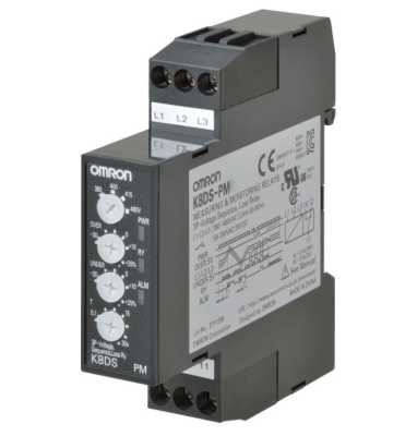 Omron K8DSPM2, 17,5 mm genişliğinde izleme rölesi, aşırı/düşük voltaj, faz sırası ve kaybı, 3 fazlı 3 telli, 380 ila 400 VAC, bir SPDT - 1
